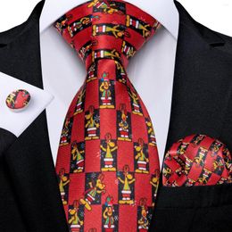 Bow Ties Christmas Red Silk For Men Lovely Cartoon Elk Party Prom Accessories 8cm Necktie Set Handkerchief Cuffllinks Gift Dropship