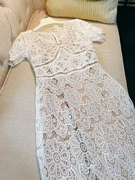 2023 Summer White Floral Lace Panelled Dress Short Sleeve V-Neck Midi Casual Dresses N3L042340