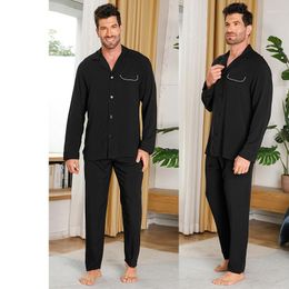 Men's Sleepwear Spring Summer Black Cotton Long Sleeve Tops Trousers Two Pieces Men Pyjamas Home Clothe Pajama Set