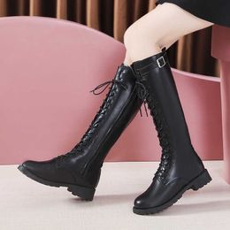 Boots Plus Size Autumn Winter Knee High Boots Women Fashion Buckle High Tube PU Leather Boots Woman Zipper Low Heels Long Botas Mujer Z0605