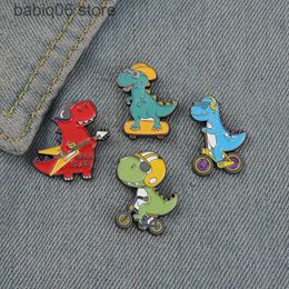 Pins Brooches New Creative Cartoon Dinosaur Playing Skateboard Bicycle Guitar Shape Lacquer Brooch T230605