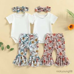 Clothing Sets Newborn Baby Girls Summer Solid Short Sleeve O-neck Bodysuits and Floral Print Ruffles Flare Long Pants and Headwear