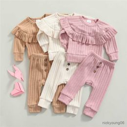 Clothing Sets 3 Colours Autumn Casual Baby Girls Clothes Solid Ruffles Knitted Long Sleeve Sweater Tops and Button Elastic Waist Pants Outfits
