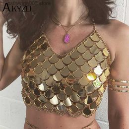 Women's Tanks Camis AKYZO Women Sequin Camis Shinning Brallete Metal Chain Halter Camisole Tank Top Bustier Mermaid Crop Top Backless 2023 Summer T230605