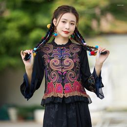 Ethnic Clothing 2023 Chinese National Style Jacquard Embroidery Stand Collar Short Vest Jacket Top Daily Fashion Blouse S154