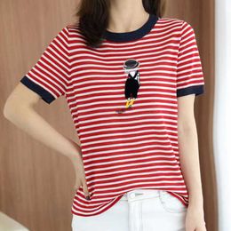 T-Shirt 2023 Summer Leisure Clothing Embroidered Top Bright Silk Thin O-Neck Women's Short Sleeve Knitted T-shirt P230603