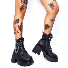 Boots Design Platform Women Ankle Boots Zip Metal Chain Goth Heeled Short Booties Autumn Winter Motorcycle Boots Shoes Size 42 Z0605