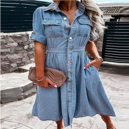 Casual Dresses Plus Size Women's Lapel Slimming Denim Dress Spring/Summer Long Sleeved Fat Girl Fashion Versatile Temperament