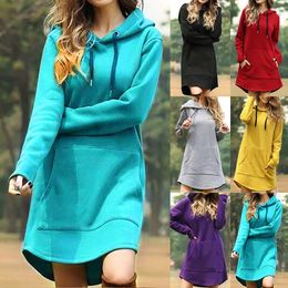 Shirts Women Loose Long Hoodie Casual Solid Color Hooded Sweatshirts Student's Autumn Winter Baggy Pullover Oversized Sweatshirt Dress