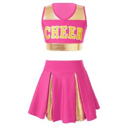 Cheerleading Kids Girls Cheer Uniform Cheerleader Dance Costume Sleeveless V Neckline Letter Print Crop Top with Elastic Waistband Skirt 230603