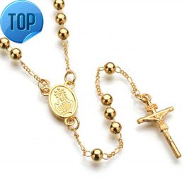 Religiöse Edelstahl-Perlenkette, Jesus-Kreuz, christliche Rosenkranz-Halskette