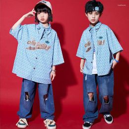 Stage Wear Kids Ballroom Hip Hop Clothing Blue Shirt Short Sleeve Top Casual Denim Pants For Girl Boy Jazz Dance Costumes Outfit Clothes