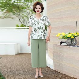 Women's Tracksuits 2023 Printed Two Piece Set Women V-neck Short Sleeve Trousers Suit XL-5XL Fashion Female Middle Aged Mother Pant Suits