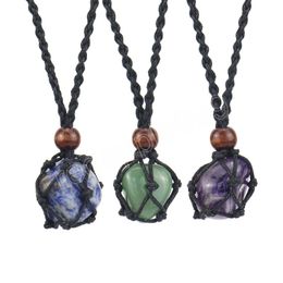 Bohemia Handmade Woven Net Bag Adjustable Necklace for Women Men Natural Stone Healing Crystal Pendant Necklace Reiki Jewellery