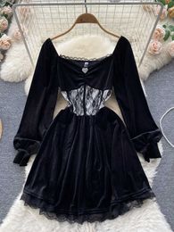 Casual Dresses Fashion Women's Princess Black Short Elegant Lace Splice Work Tight Chest Waist Gothic Dress Korean Party Tank Top P230606