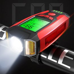 Bike Lights 3 in 1 USB Bicycle Flashlight 5 LED ComputerHorn Front Light IPX4 Waterproof Headlight Odometer Accessories 230605