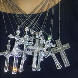 Vecalon Handmade Hiphop Big Cross pendant 925 Sterling silver Cz Stone Vintage Pendant necklace for Women men Wedding Jewellery