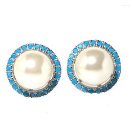 Stud Earrings Real 925 Solid Sterling Silver 10x10mm Lovely Cute Blue Turquoise White Sapphire CZ Wedding Bride Daily Wear