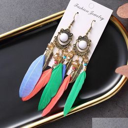 Dangle Chandelier Summer Bohemian Long Feather Earrings For Women Beach Chain Tassel Drop Earring Wedding Bride Jewelry Oorbellen Dhzue