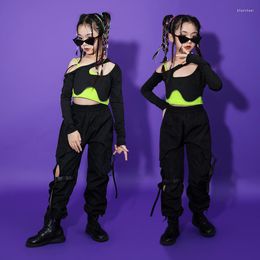 Stage Wear Children Jazz Dance Costumes For Kids Black Crop Tops Loose Cargo Pants Suit Girls Ballroom Hip Hop Rave Clothes DQS12605