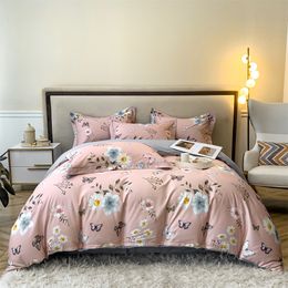 Bedding sets Svetanya Pink Butterfly Pastoral Floral Bedlinens Egyptian Cotton Bedding Set Queen King Size Fitted Sheet Duvet Cover Set 230605