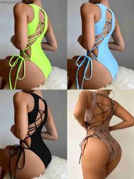 Women's Swimwear Lace Up One Piece Swimsuit Sexy High Neck Swimwear 2022 Woman Solid Monokini Swimming Suit Backless Bathing Suit Women T230606