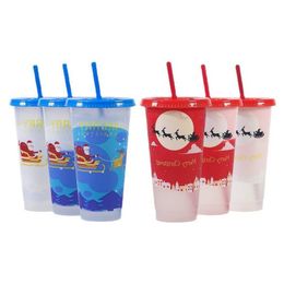 710ml Christmas Tumblers Cold Color-changing Plastic Cups Christmas Decoration Juice Cup With Lid and Straw Q171