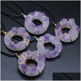 Pendant Necklaces Wire Wrapped Natural Stone Amethyst Necklace 35Mm Donut Irregar Healing Crystal Collar For Women Fashion Jewellery W Dhasq