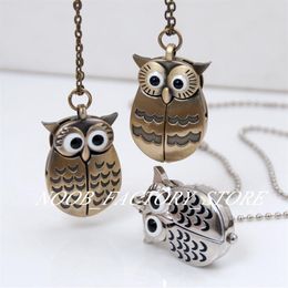 New Quartz Vintage Open and Close Owl Pocket Watch Necklace Retro Jewelry Whole Sweater Chain Fashion Hanging Watch Copper Col259S