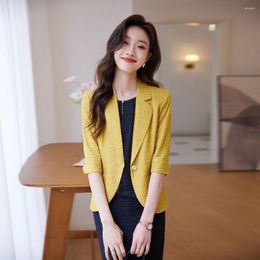 Women's Suits Fashion 3/4 Sleeve Small Suit Jacket Women's Spring Summer Korean Version Slim Blazers Top Casual Ladies One Button Office