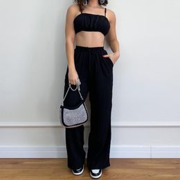 Women's Two Piece Pants Women Sexy 2-piece Set Sling Wrap Chest Backless Short Tops And Drawstring Tie Up Wide Leg Suit Sleeveless Loose