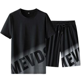 Tracksuits 2023 Summer Silk Fashion Gradient Letter Printing T-shirt and Shorts Two Piece Set of Breathable Men's Casual Sports Wear P230605