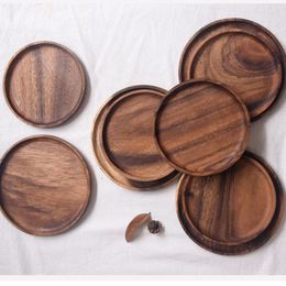 Plates Solid Wood Plate Round Wooden Fruit Tray Black Walnut Japanese Dessert Tea Cup Bread Cake
