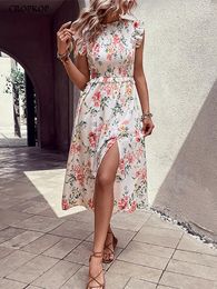 Casual Dresses Summer Floral Midi For Women Slim White Sleeveless Slit Holiday Beach Dress Fashion A-line In 2023