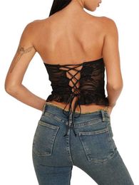 Tanks Women's Sexy Lace Transparent Bandeau Camis Summer Casual Sleeveless Bandage Strapless Crop Top Street Club Clothing P230605