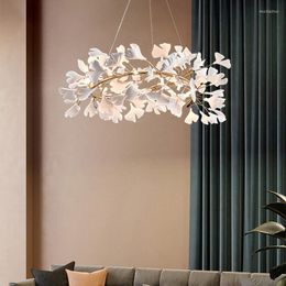 Pendant Lamps White Ceramic Leaf Chandelier Gold Ring G9 Bulb Height Adjustable Home Deco For Living Room Restaurant Bedroom