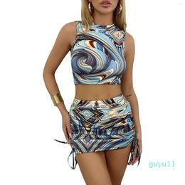 Two Piece Dress Women Y2K 2Pcs Mini Skirt Outfits Abstract Pattern Print Tank Crop Top Bandage