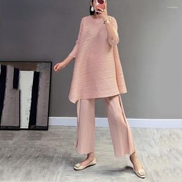 Women's Two Piece Pants YUDX Women Pleated Suit Seven Sleeve Round Collar Pink T Shirt Wide Leg Casual Style Loose 2023 Summer Fashion