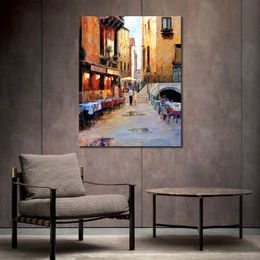 Fine Canvas Art Street Cafe After Rain Venice Handmade Impressionist Oil Painting Urban Landscape Kitchen Contemporary Decor