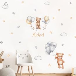 Custom Baby Name Bear Balloons Flags Stars Watercolour Wall Stickers Removable Vinyl Wall Decals Mural Nursery Kids Room Decor