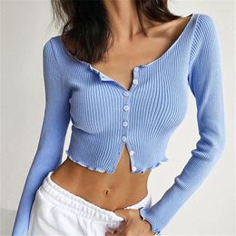 Women's Knits 2023 Women Sweaters Knitted Viscose Cardigans Single Breasted Slim Short Sweater Tops Long Sleeve Ruffles Sexy Autumn