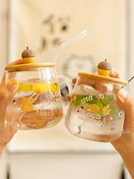 Mugs Lovely Glass Cup With Straw Handle Transparent Mug Cover Spoon Heat Resistant Water Children's Household Bubble Flower Tea