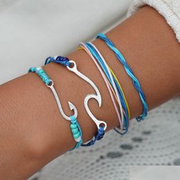 Charm Bracelets Hand Weave Fish Hook Bracelet Adjustable Mtilayer Wrap Women Summer Beach Jewellery Will And Sandy Drop Delivery Dhr7S