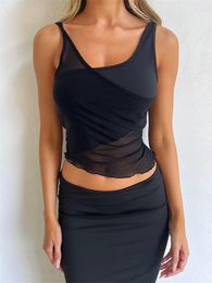 Women's Tanks Mesh Sheer See Through Patchwork Tank Exposed Navel Tops Summer Streetwear Sexy Women Irregular Hem Black Mini Vest Clothes