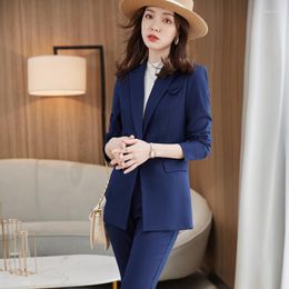 Women's Two Piece Pants High Quality Fibre Blazer Women Business Suits Pant And Jacket Sets Ladies Work Office Uniform Styles Navy Blue