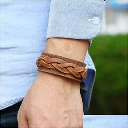 Bangle Weave Ethnic Braid Leather Cuff Button Adjustable Bracelet Wristand For Men Women Fashion Jewelry Drop Delivery Bracelets Dhgdn