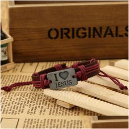 Identification Christ I Love Jesus Id Bracelet Heart String Adjustable Leather Bracelets Bangle Cuff For Women Men Fashion Jewelry W Dhkd0