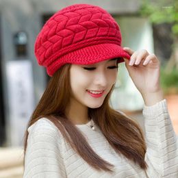 Berets Women's Winter Solid Colour Warm Knit Loose Beret Casual Ski Hat Korean Version Peaked Plus Velvet Thick Ear Guards