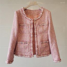 Women's Jackets Runway Fall Winter Sweet Luxury Beaded Pearls Buttons Tweed Jacket Women's Woollen Long Sleeve Coats Outerwear Casacos