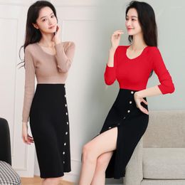 Casual Dresses Autumn Split Knitted Long-sleeved Round Neck T-shirt Black Bag Hip Bodycon Slim Sweater Bottoming Skirt Two-piece Sets